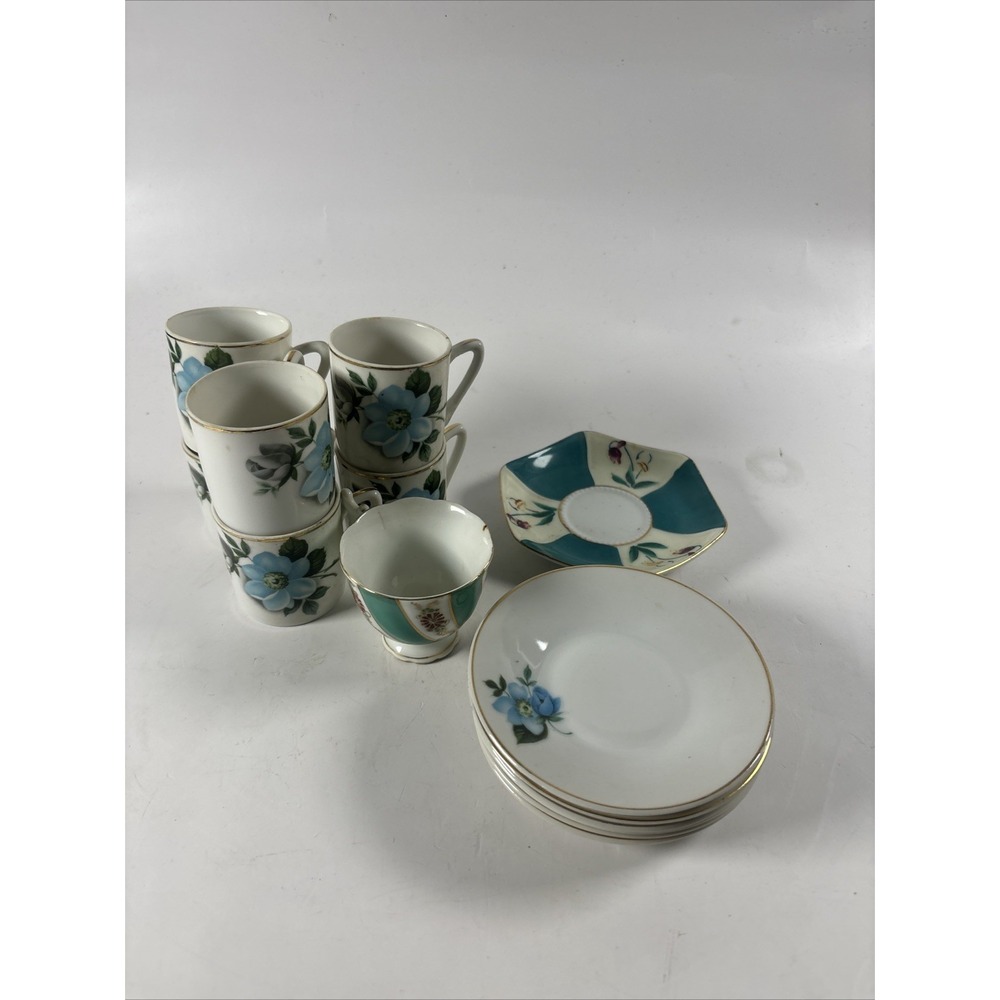 Vintage Fruit Japan Porcelain Tea Set Lot Blue Floral Cups Saucers Mid Century - Picture 1 of 7